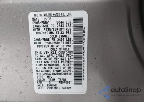 2009 Nissan Murano Sl z USA, uszkodzony, nr VIN JN8AZ18U59W009699